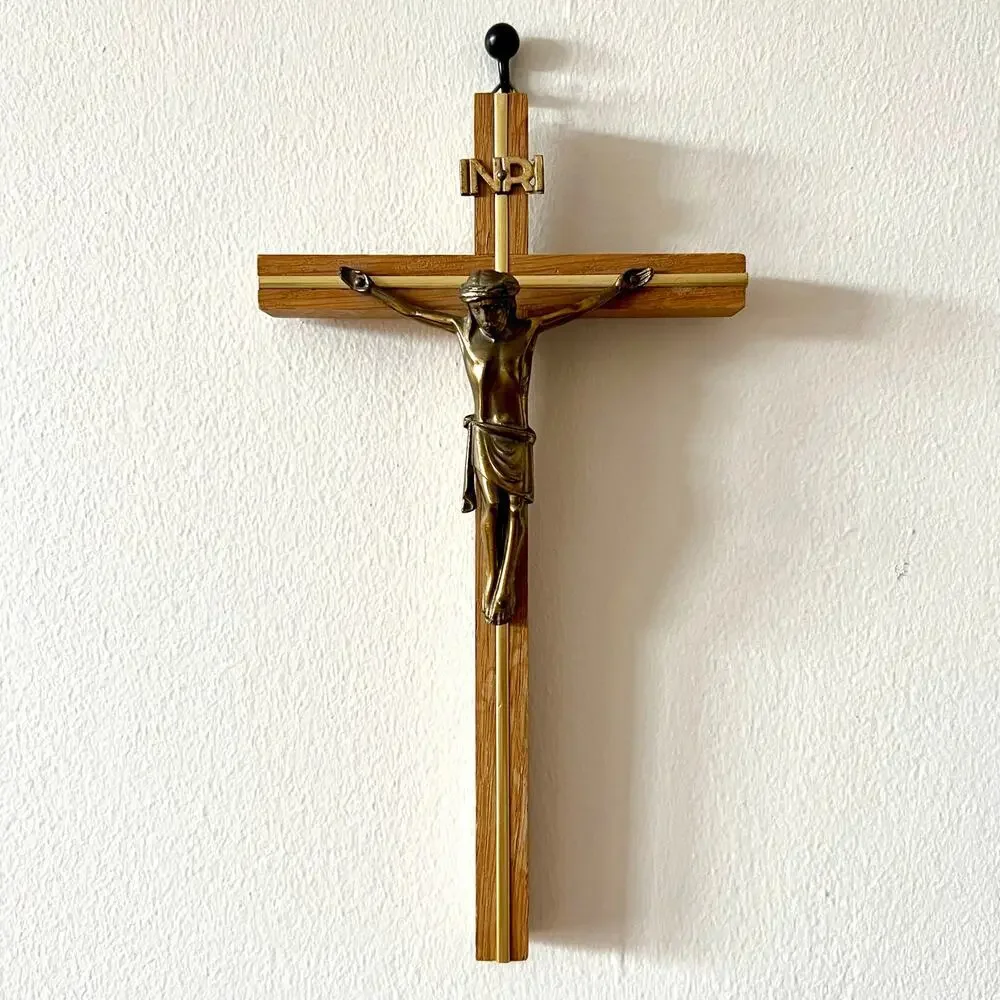 Vintage 50s Catholic Wall Crucifix Cross Brass & Wood – Made in Western Germany